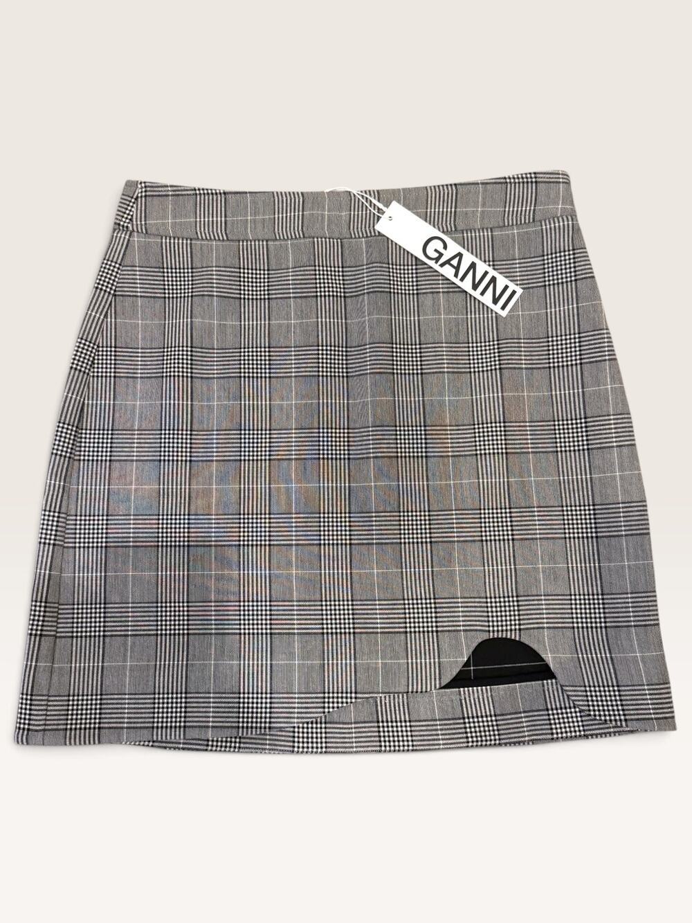 GANNI Suiting Mini Skirt Phantom Plaid Curved Slit EU 40 / US 8 NWT